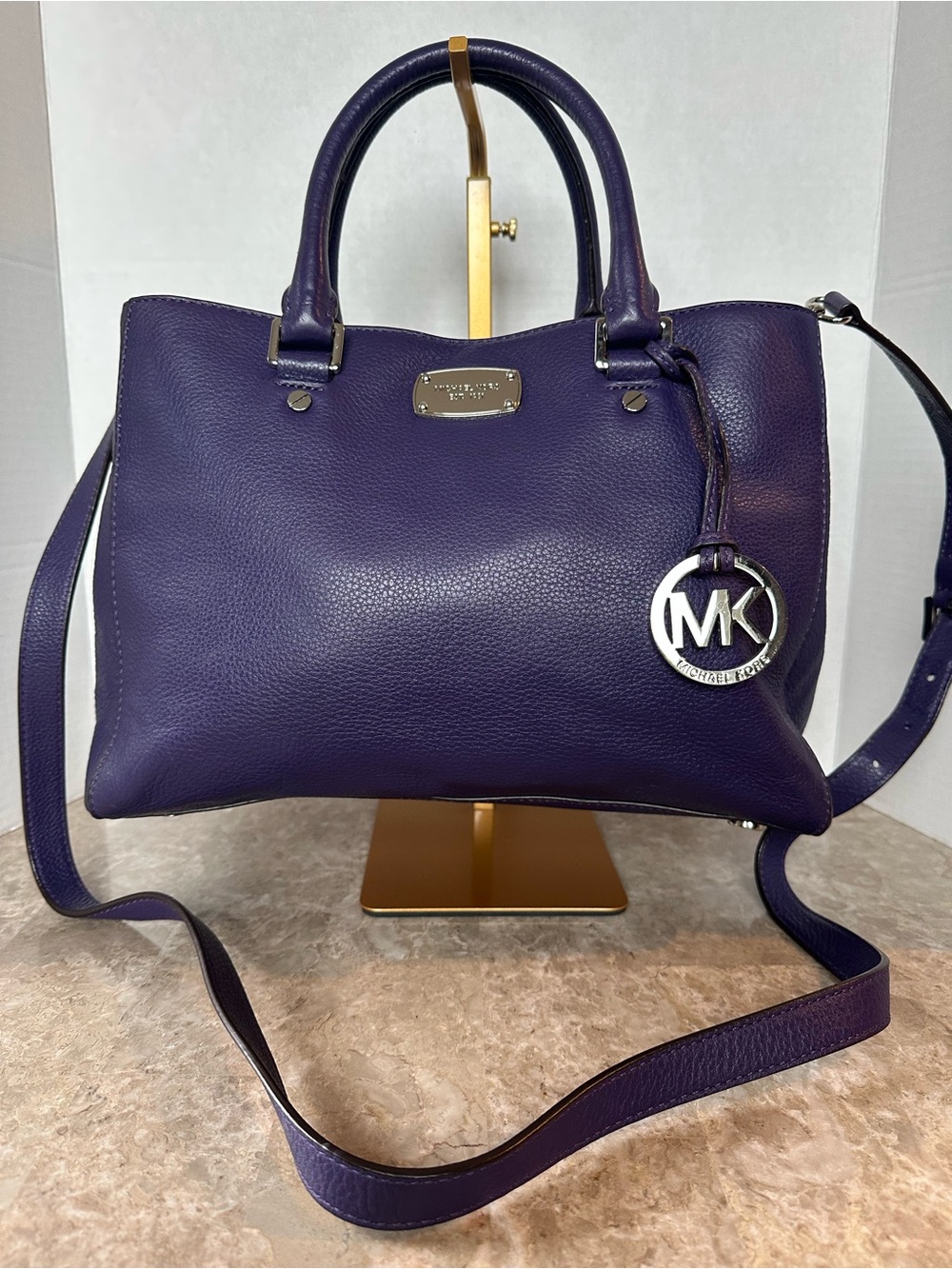 Michael Kors Purple Pebbled Leather Bedford Satchel Designer Luxury Hand Bag